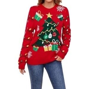 Red Ugly Christmas Sweater - Festive Knit with Tree & Presents Size Small